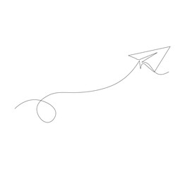 Continuous line paper airplane, white background. Abstract doodle email, letter plane. Vector abstract illustration of business trip flying ship in the sky.