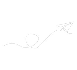 Continuous line paper airplane, white background. Abstract doodle email, letter plane. Vector abstract illustration of business trip flying ship in the sky.
