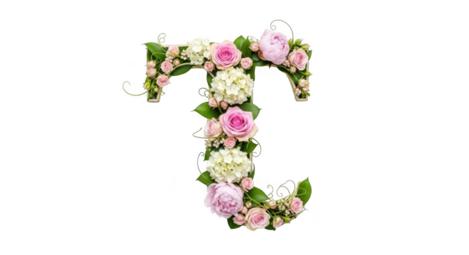 Elegant floral letter t shaped arrangement delicate blossoms romantic design alphabet art isolated on transparent background