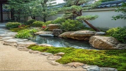 Naklejka premium Serene Japanese Garden with Pond Moss Stones and Pine Tree Tranquil Landscape Zen Composition