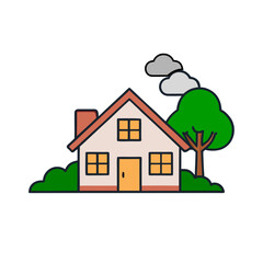 Fototapeta premium Cartoon house with a tree and clouds in a simple silhouette style isolated on white background