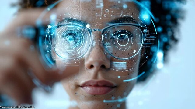 woman working with virtual computer, futuristic background