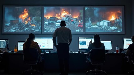 An emergency operations center with a diverse team managing multiple disasters.
 - Powered by Adobe