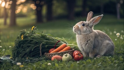 Plump rabbit sits beside a basket of fresh vegetables