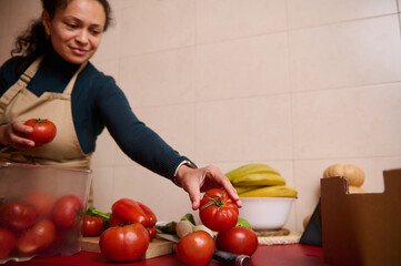 Fototapeta premium Woman In Apron Selecting Fresh Tomatoes In Kitchen For Cooking Or Market Prep