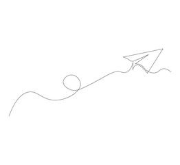 Continuous line paper airplane, white background. Abstract doodle email, letter plane. Vector abstract illustration of business trip flying ship in the sky.