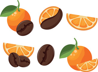 large set of roasted coffee beans with a fruity flavor, namely with orange in various shapes and a whole orange, for coffee menus, restaurants or other themed coffee designs