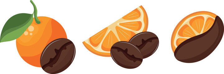set of icons of roasted coffee beans with a fruity flavor, namely with orange, in various shapes, for coffee menus, restaurants or other coffee-themed designs