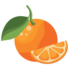 vector icon of a ripe orange with a green leaf and half of an orange next to it, for fruit designs, social media or stickers
