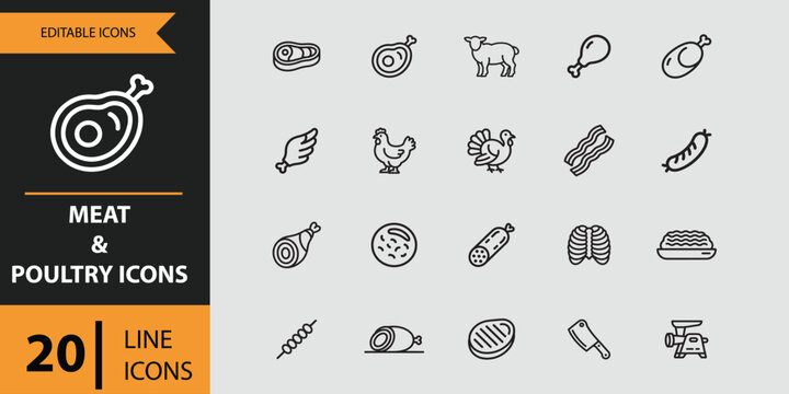 Outline icons set for meat and poultry products