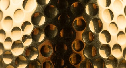 Close up of a hammered gold surface with a pattern of circular indentations and reflections
