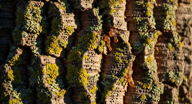 Close-up of Bark with Lichen and Golden Tree Sap
A detailed, textured macro photograph capturing the rugged surface of tree bark, illuminated by warm, directional