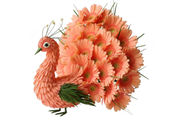 Whimsical pink flower peacock sculpture unique artistic craft creative floral design isolated on transparent background