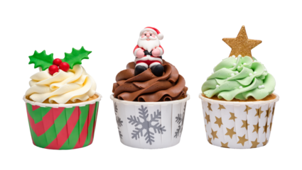 Christmas cupcakes with festive decorations including holly, Santa Claus, and a gold star, isolated on white or transparent background.