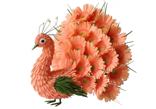 Whimsical pink flower peacock sculpture unique artistic craft creative floral design isolated on transparent background