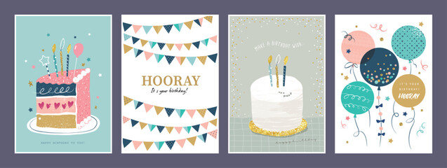 Set of birthday greeting cards with beautiful and lovely cakes