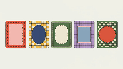 A charming collection of four hand-drawn Christmas themed cards featuring festive trees, a decorative wreath, and hanging ornaments with cheerful holiday greetings on pink backgrounds