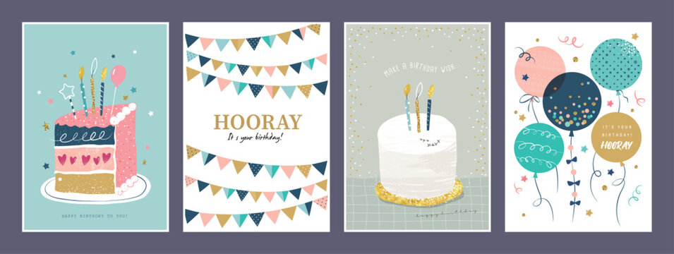 Set of birthday greeting cards with beautiful and lovely cakes

