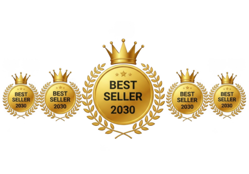 Golden best seller 2030 badge award isolated on transparent background