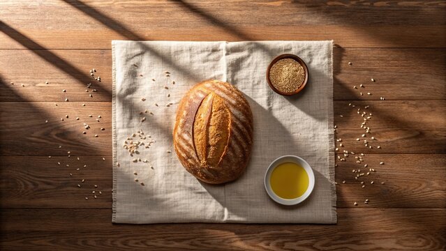 Artisan bread and olive oil on wooden table with sunlight - Powered by Adobe