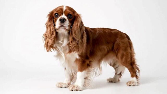 Cavalier King Charles Spaniel on White Background | Cavalier King Charles Spaniel Walking on White Background | The small dog has long, silky fur with rich chestnut and white tones, expressive brown 