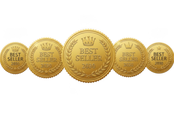 Golden best seller medals award isolated on transparent background