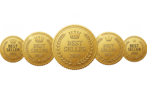 Golden best seller medals award isolated on transparent background