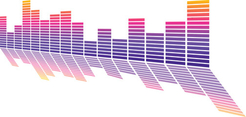 Colorful gradient equalizer bars in purple, pink, and yellow tones on white background show modern digital soundwave design. Abstract music frequency pattern with reflection effect. Perfect for DJ, au