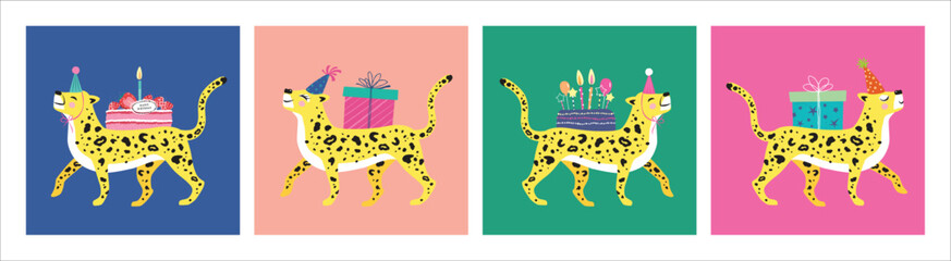 Set of birthday greeting cards with fun party leopards.


