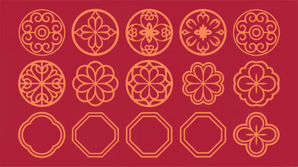Collection of Ornate Geometric and Floral Decorative Patterns in Red and Gold Tones, Featuring Round and Octagonal Frames