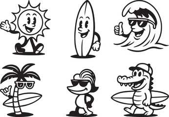 Retro Surf Cartoon Characters Set – Sun, Wave, Palm Tree, Alligator, and Surfboard Mascots.