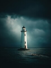 Lighthouse stands tall against stormy sky and waves in dramatic vertical composition landscape