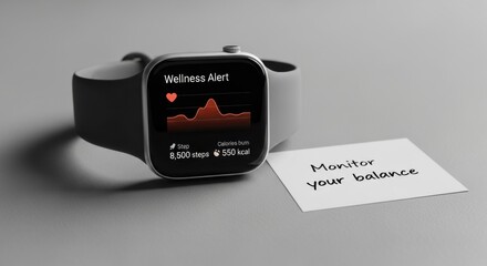 Smartwatch displays wellness alert with heart rate and step count