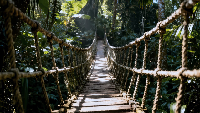 Fototapeta Suspension bridge in jungle. Long suspension bridge stretches through dense green and lash jungle, bathed in sunlight. Rope bridge in rainforest. Adventure, exploration, hiking and journey concept