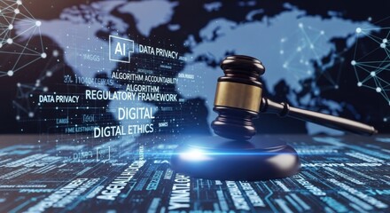 Gavel on digital background with ai and legal terms, world map in background