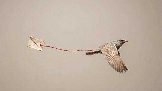 Bird flying with paper airplane attached by red thread symbolizing freedom imagination and surreal creative vision
