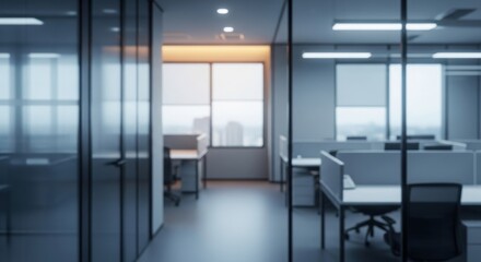 Blurred view of a modern office space with glass walls and cubicles