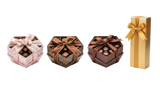 Assortment of decorative gift boxes with ribbons transparent background cutout png