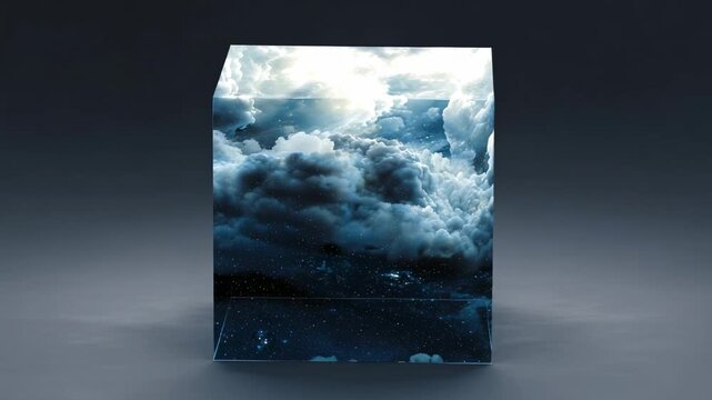 Surreal glass cube with stormy sky and dramatic clouds inside symbolizing power mystery and imagination