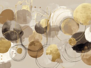 Abstract painting of circles and lines in shades of brown beige and gold artistic design background modern art illustration