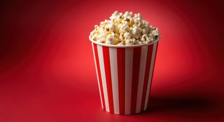 Delicious popcorn in a red and white striped container on red background