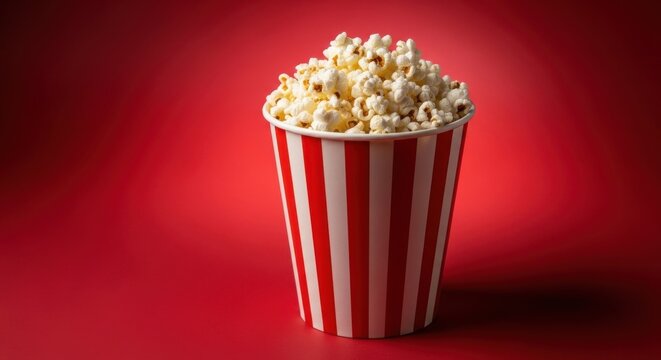 Delicious popcorn in a red and white striped container on red background