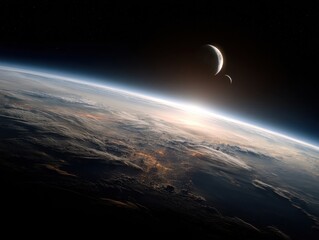 Earth from space with two moons orbiting in the dark void detailed view from above the planet horizon