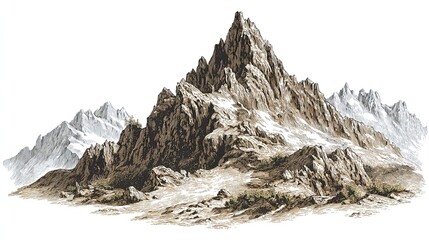 Rocky alpine mountain range with dramatic peaks in engraving sketch style detailed vintage illustration
