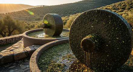 Rustic Stone Olive Press at Golden Hour in Andalusia
A stunning, low-angle photograph capturing two massive, rustic stone mill wheels, historically used for crushing olives to extract olive oil