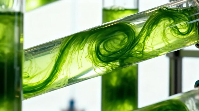 Vibrant Green Algae Swirling Dynamically in a Modern Bioreactor Tube