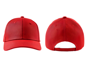 Red baseball cap front and back view perfect for sun protection and stylish casual wear accessory on transparent background