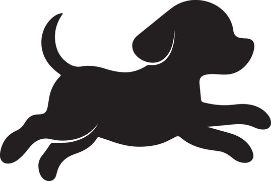 A black silhouette of a playful puppy in mid leap full of energy