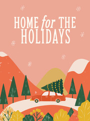 Festive Christmas background. Hand-drawn design on a pink background with a grainy texture, perfect for a holiday greeting card. 