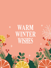 Festive Christmas background. Hand-drawn design on a pink background with a grainy texture, perfect for a holiday greeting card. 